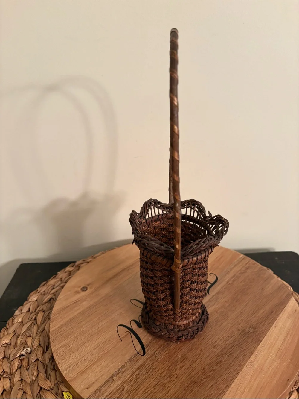 Antique Handwoven Dark  Brown Decorative Basket with Tall Handle